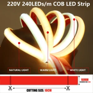 220V COB LED Strip Light 10cm Cuttable Waterproof LED Ribbon Flexible Tape with EU Plug 0.5m-30m White Warm White Natural White