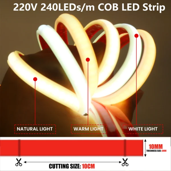 220V COB LED Strip Light 10cm Cuttable Waterproof LED Ribbon Flexible Tape with EU Plug 0.5m-30m White Warm White Natural White